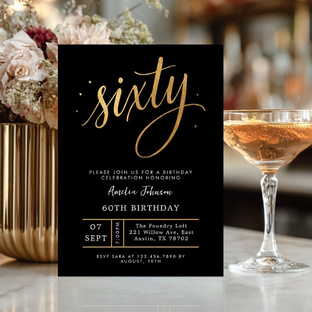 Elegant Black & Gold Script Sixty 60th Birthday  Invitation (Celebrate sixty in elegant style with this luxurious black and gold invitation.)