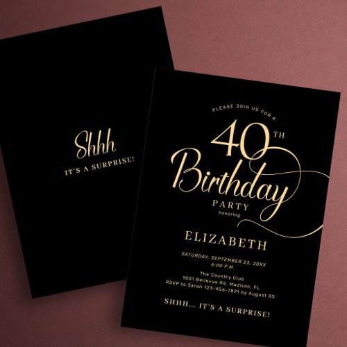 Elegant Black Gold Script Surprise 40th Birthday Invitation