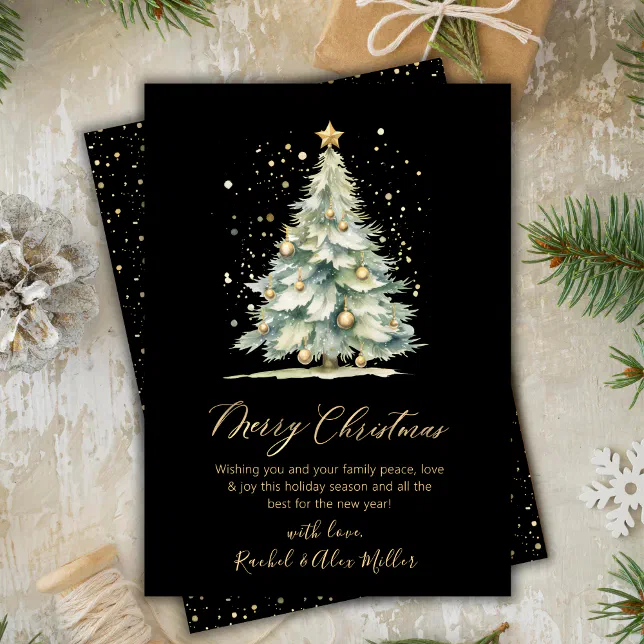 Elegant Black Gold Script Tree Non Photo Christmas Holiday Card | Zazzle