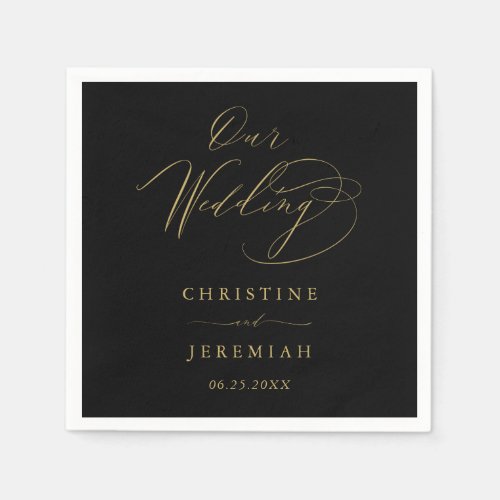 Elegant Black Gold Script Typography Wedding Napkins