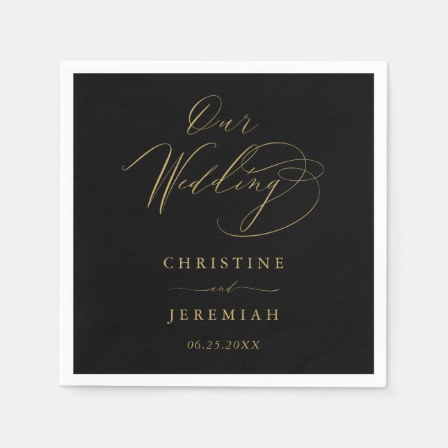 Elegant Black Gold Script Typography Wedding Napkins (Front)