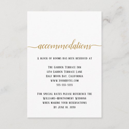 Elegant Black Gold Script Wedding Accommodations Enclosure Card