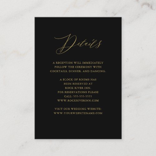 Elegant Black Gold Script Wedding Details Enclosure Card