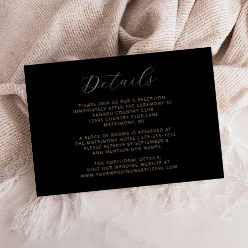 Elegant Black Gold Script Wedding Details Enclosure Card