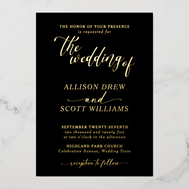 Elegant Black Gold Script Wedding Foil Invitation (Front)