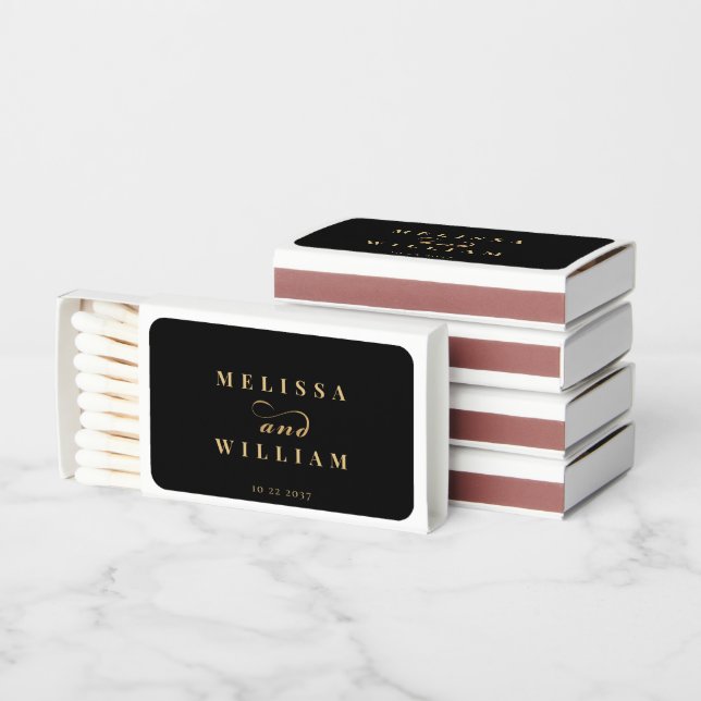 Elegant Black Gold Script Wedding  Matchboxes (Stacked)