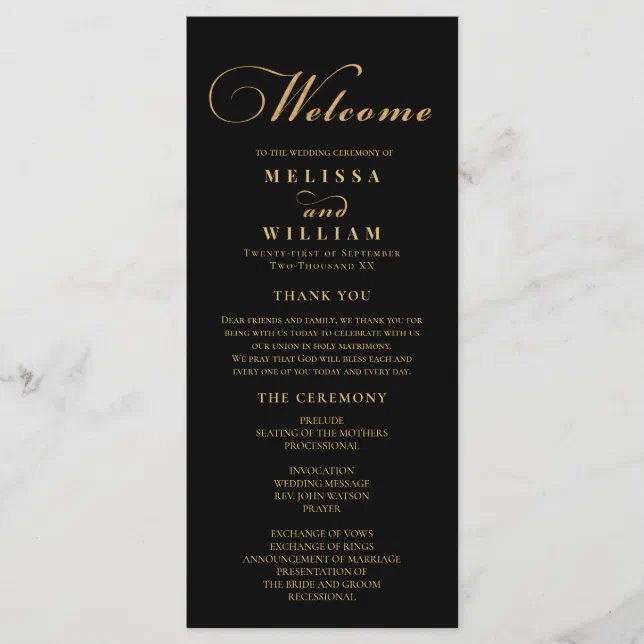 Elegant Black Gold Script Wedding Program | Zazzle