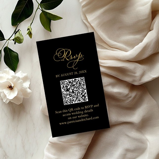 Elegant Black Gold Script Wedding QR RSVP Enclosure Card (Creator Uploaded)