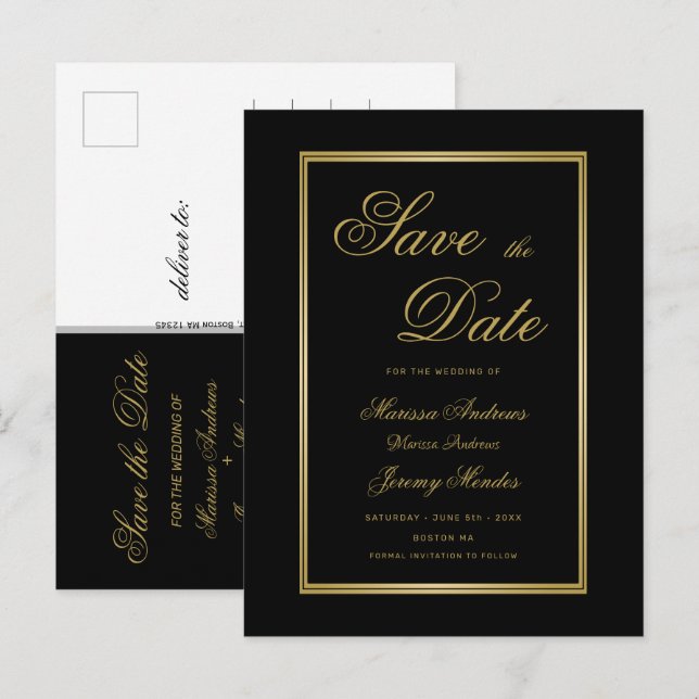 Elegant Black Gold Script Wedding Save the Date Announcement Postcard (Front/Back)