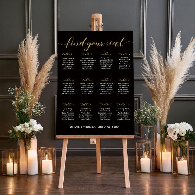 Elegant Black Gold Script Wedding Seating Chart Foam Board (Creator Uploaded)