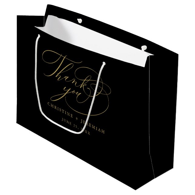 Elegant Black Gold Script Wedding Thank You Large Gift Bag (Front Angled)
