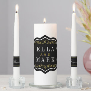 Elegant Black Gold Scrollwork Monogram Unity Candle Set
