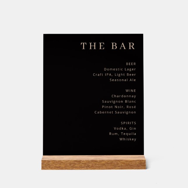 Elegant Black Gold Serif Bar Menu Acrylic Sign (Front)