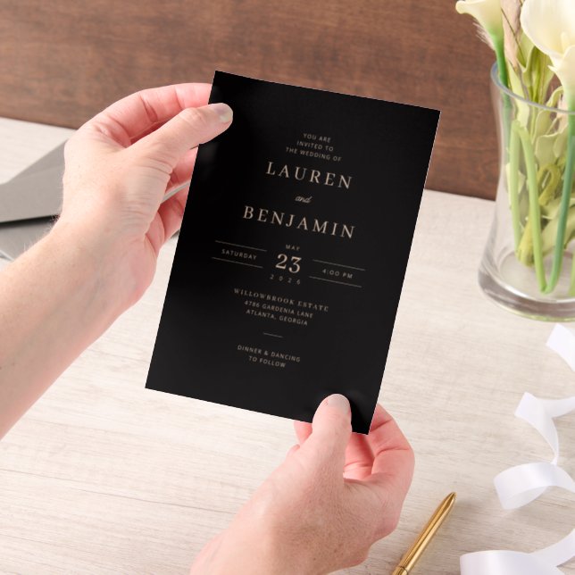 Elegant Black Gold Serif Wedding Invitations (Handheld)