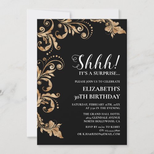 Elegant Black  Gold Shhh Surprise Party Birthday Invitation