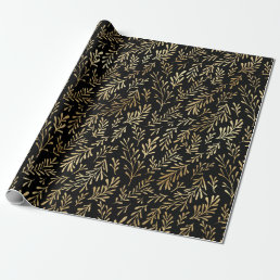 Elegant Black Gold Shimmer Botanical Leaf Birthday Wrapping Paper