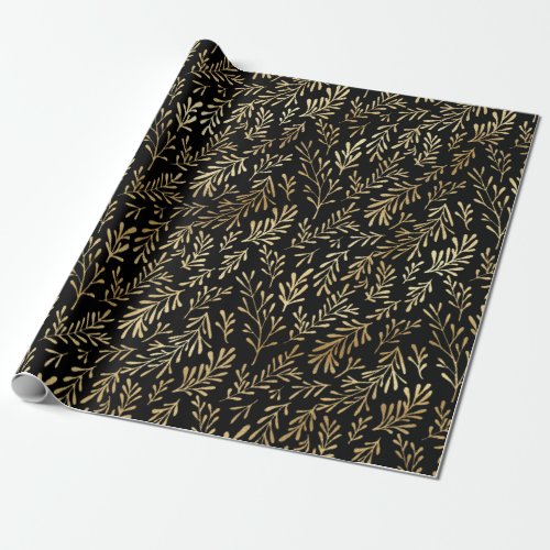 Elegant Black Gold Shimmer Botanical Leaf Birthday Wrapping Paper