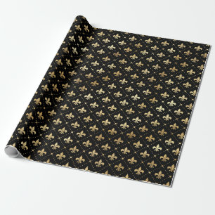 Elegant Black Gold Shimmer Fleur de Lis Birthday Wrapping Paper
