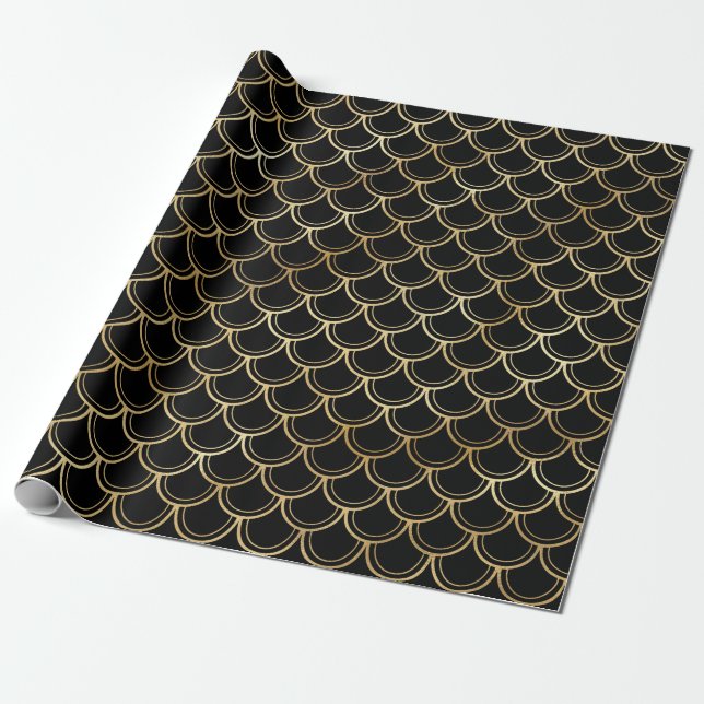 Elegant Black Gold Shimmer Mermaid Scales Birthday Wrapping Paper (Unrolled)