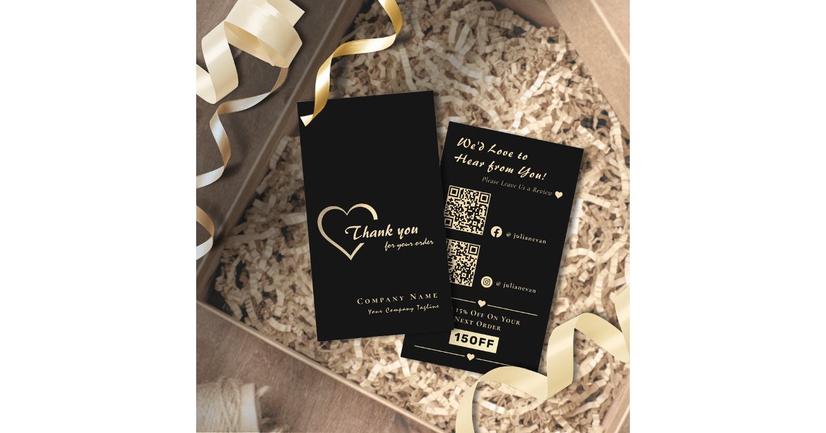 Elegant Black & Gold Shiny Heart QR Code Thank you Business Card | Zazzle