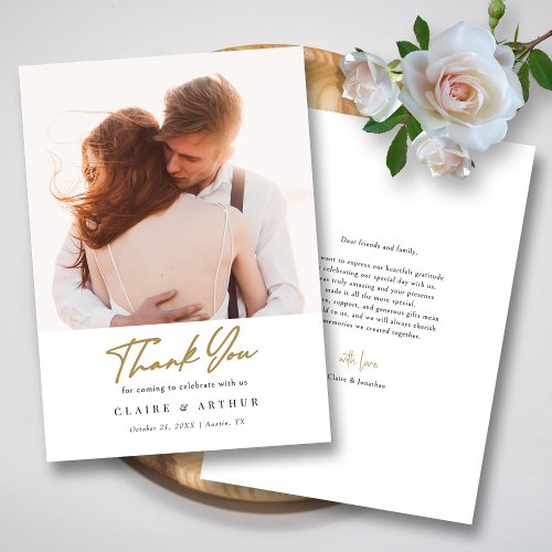 Elegant Black  Gold Signature Wedding Photo  Thank You Card