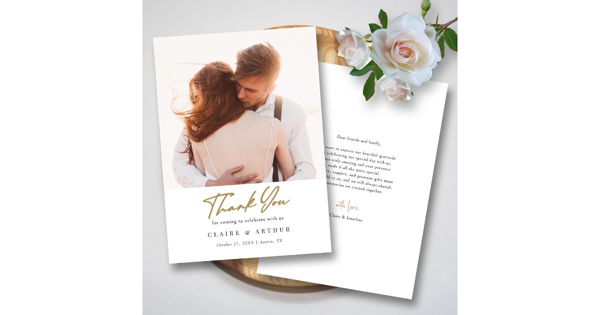 Elegant Black & Gold Signature Wedding Photo Thank You Card | Zazzle