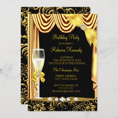 Elegant Black Gold Silk Champagne Birthday Invitation