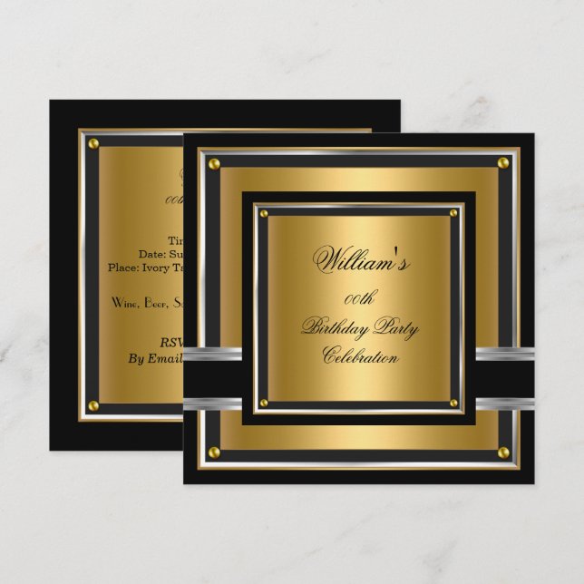 Elegant Black Gold Silver Birthday Party Mens Mans Invitation (Front/Back)