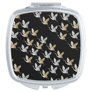 Elegant Black Gold Silver Crane Japanese Art Compact Mirror