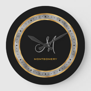 Elegant Black Gold Silver Foil Custom Monogram Large Clock