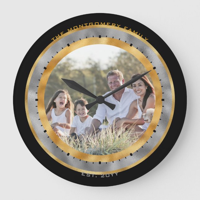 Elegant Black Gold Silver Foil Custom Name Photo Large Clock (Front)
