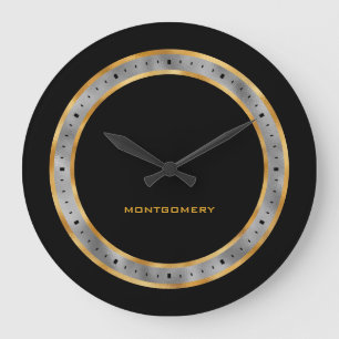 Elegant Black Gold Silver Foil Personalized Large Clock