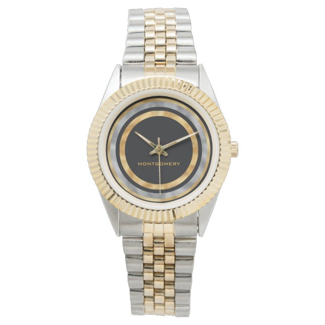 Elegant Black Gold Silver Foil Personalized Watch (Front)