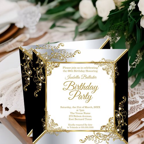 Elegant Black Gold Silver Pearl Birthday Party Invitation