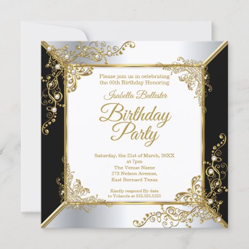 Elegant Black Gold Silver Pearl Birthday Party Invitation | Zazzle