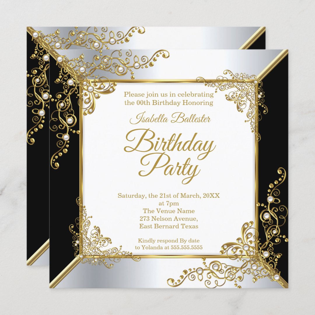 Elegant Black Gold Silver Pearl Birthday Party Invitation | Zazzle