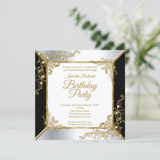 Elegant Black Gold Silver Pearl Birthday Party Invitation | Zazzle