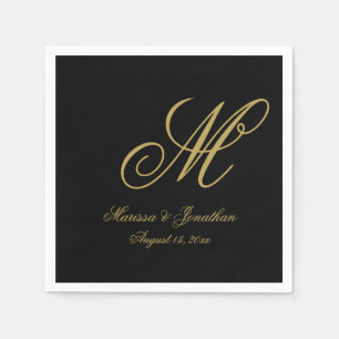 Elegant Black Gold Single Monogram Wedding Napkins