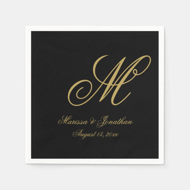 Elegant Black Gold Single Monogram Wedding Napkins (Front)