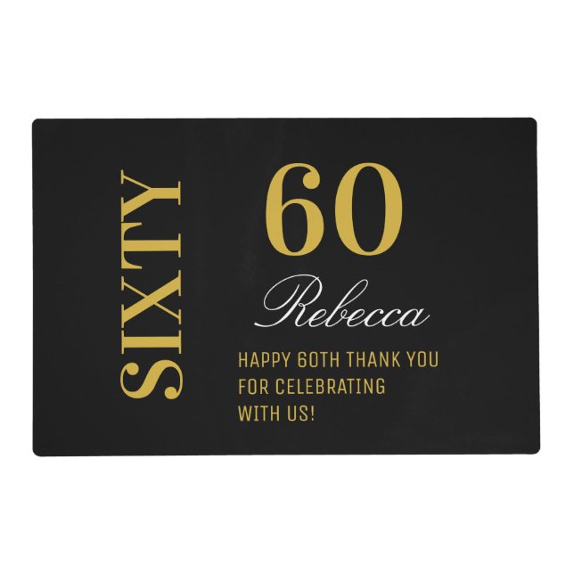 Elegant Black & Gold Sixty 60th Birthday Party  Placemat (Front)