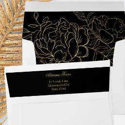 Elegant Black Gold Sketched Floral Return Address Envelope