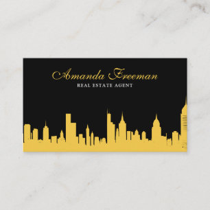 Elegant Black & Gold Skyline Real Estate Agent Business Card