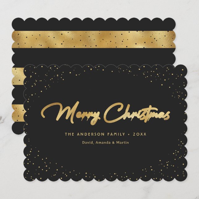 Elegant Black Gold Snow Merry Christmas Card (Front/Back)