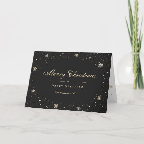 Elegant Black Gold Snow Snowflakes Stars Holiday Card