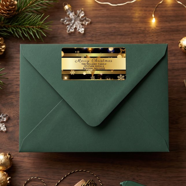 Elegant Black Gold Snowflake Christmas Address Label (Creator Uploaded)