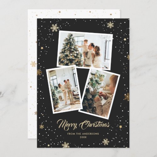 Elegant Black Gold Snowflakes 3 Photo Christmas Holiday Card