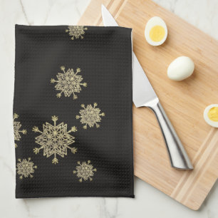Elegant Black & Gold Snowflakes Christmas Kitchen Towel
