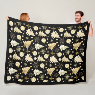 Elegant Black Gold Snowflakes Christmas Tree Balls Fleece Blanket