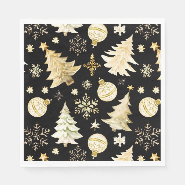 Elegant Black Gold Snowflakes Christmas Tree Balls Napkins (Front)