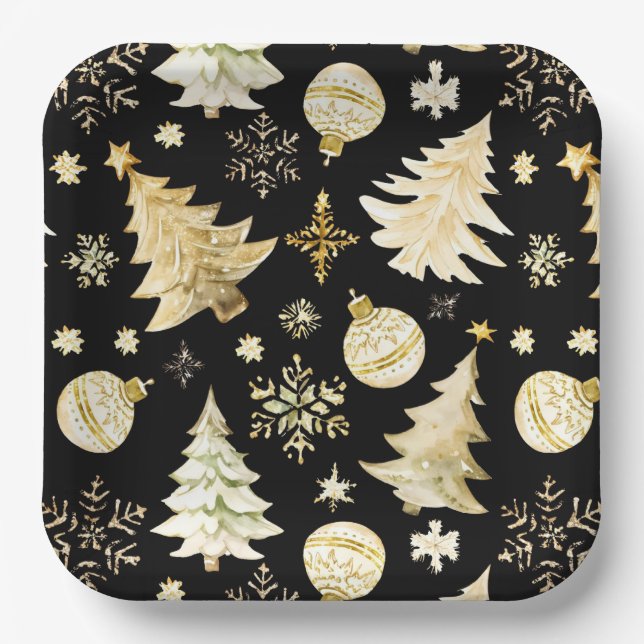 Elegant Black Gold Snowflakes Christmas Tree Balls Paper Plates (Front)